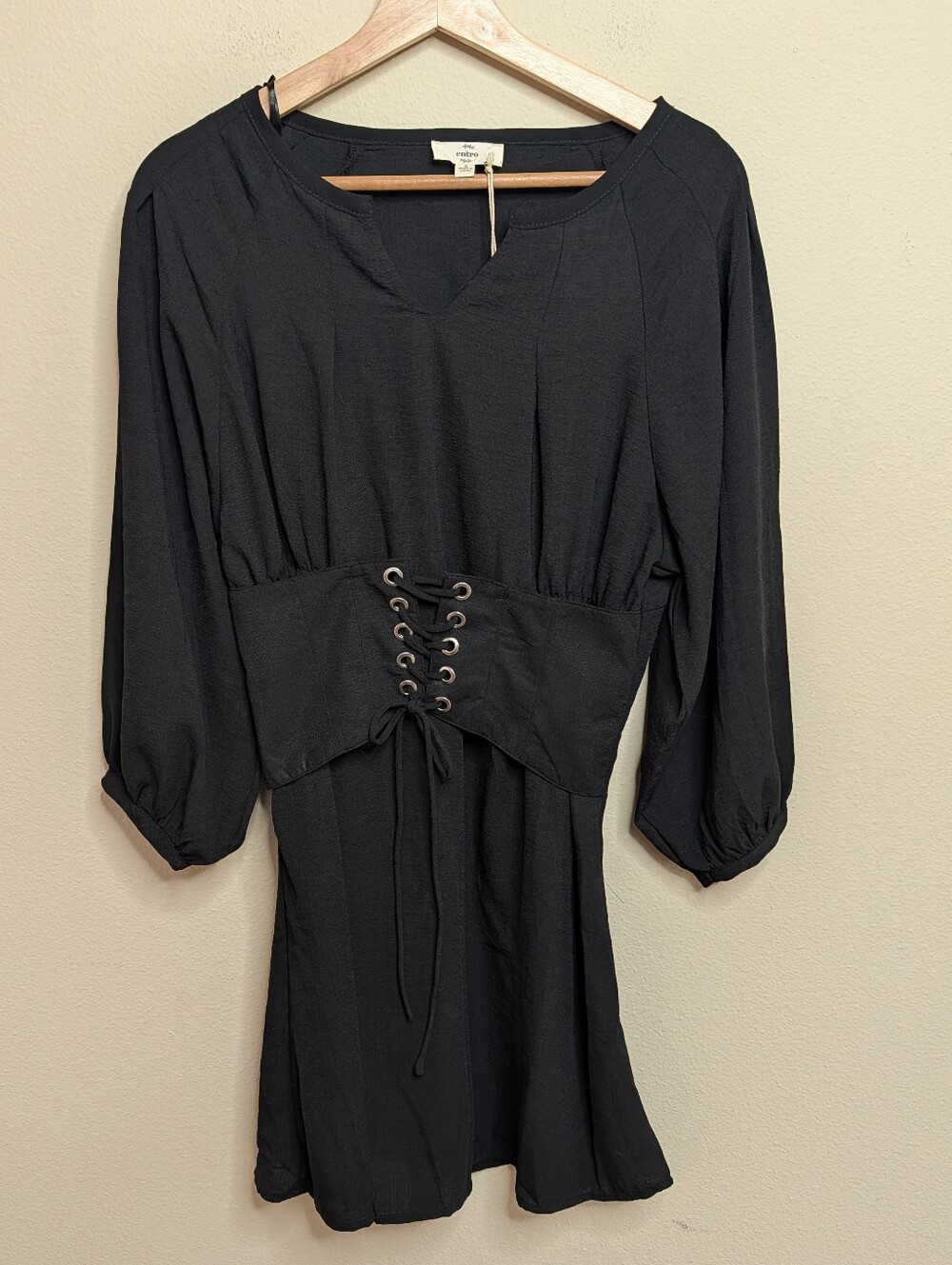 NWT Entro Black Corset Waist Mini Dress Small Balloon Sleeve Lace-Up Lined